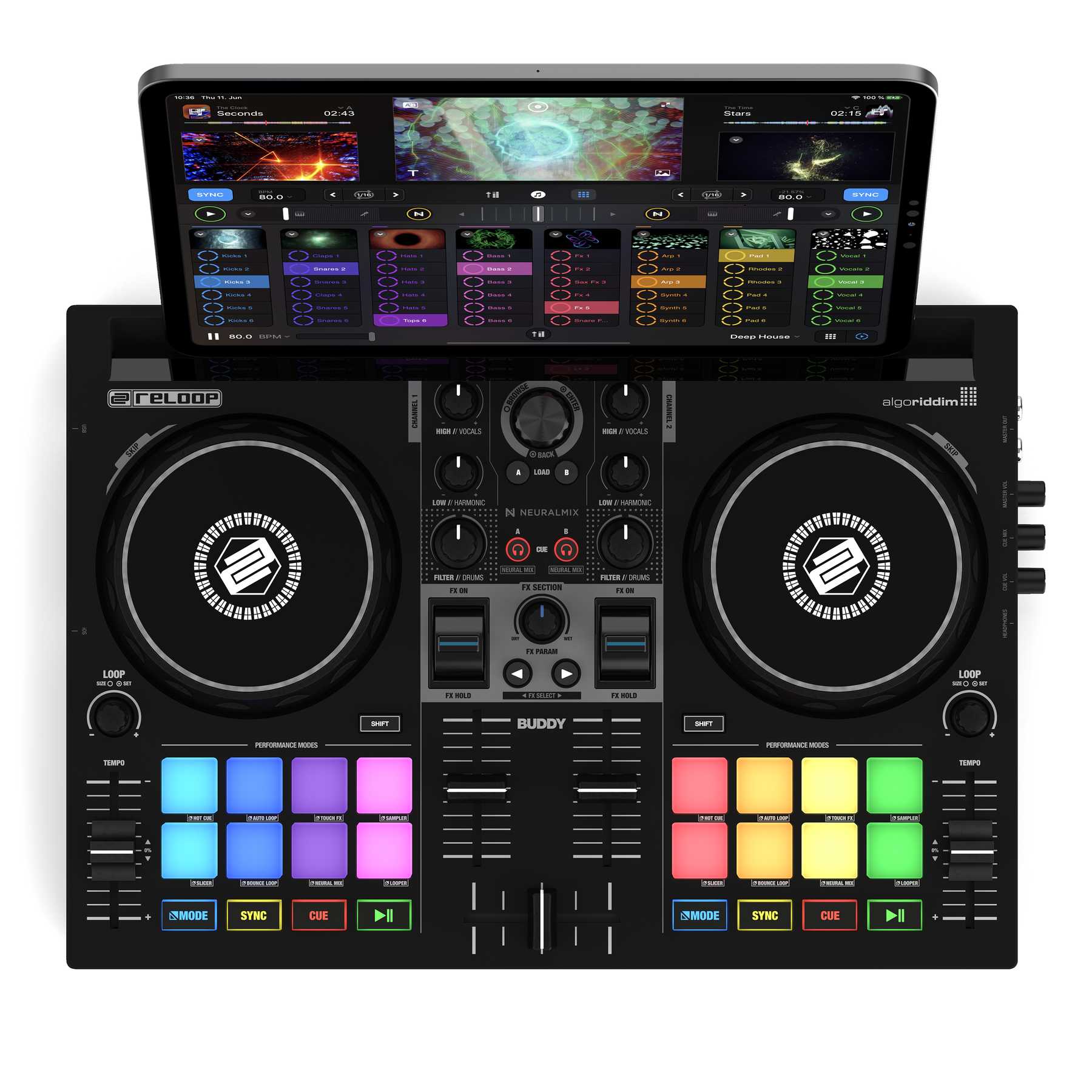 RELOOP Buddy - Controlador DJ compacto de 2 decks para iOS, iPadOS, Android, Mac e PC - Imagem 3