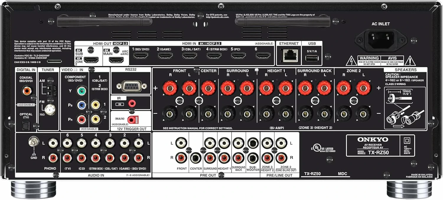 ONKYO TX-RZ50 - Receiver AV 8K, 9.2. Canais, HDR10+, HLG, Dolby Vision, THX, Dolby Atmos, DTS:X e Auro-3D, 120 Watts - Imagem 5