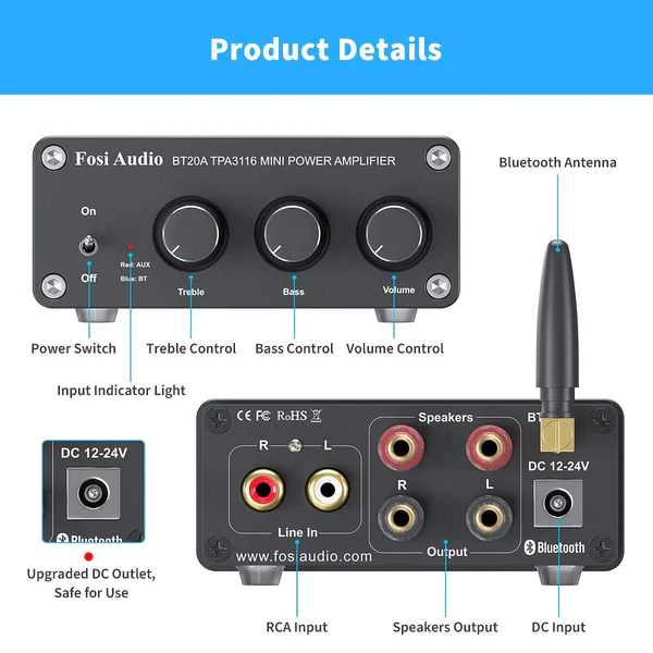 FOSI AUDIO BL20A BT Amplificador Integrado, 60 Watts - Imagem 4