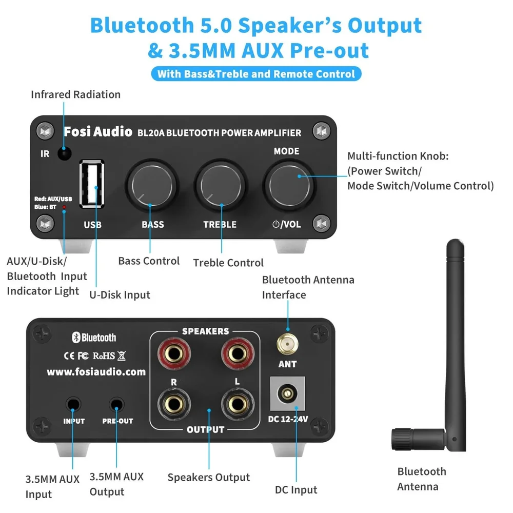 FOSI AUDIO BL20A Mini Amplificador Integrado com Bluetooth 100 watts - Imagem 3