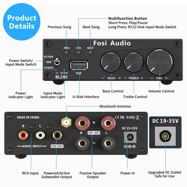 FOSI AUDIO BL20C BT Amplificador Integrado, 100 Watts - Imagem 2