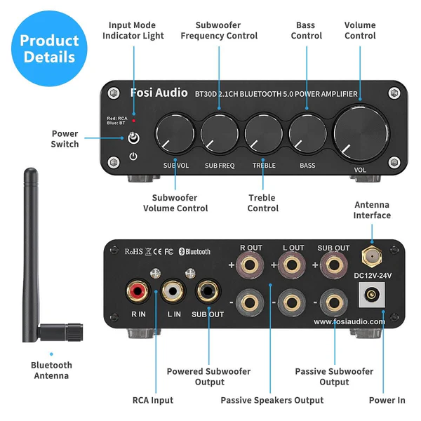 FOSI AUDIO BT30D BT Amplificador Integrado Classe D, 2.1 Canais, 50 Watts - Imagem 2