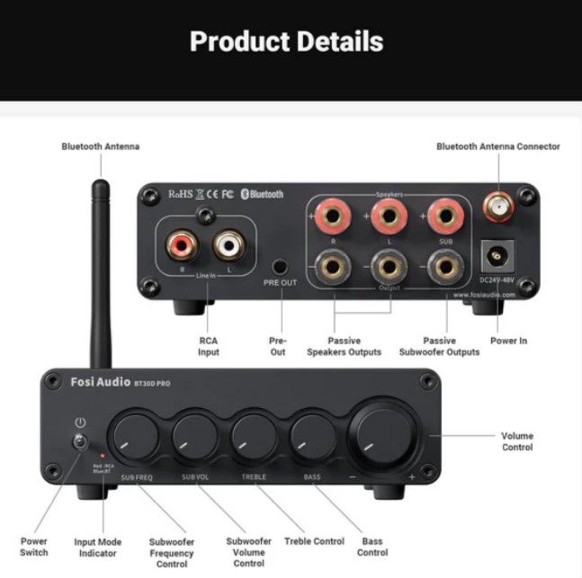 FOSI AUDIO BT30D PRO Amplificador Integrado Classe D, 2.1 Canais, 165 Watts - Imagem 2