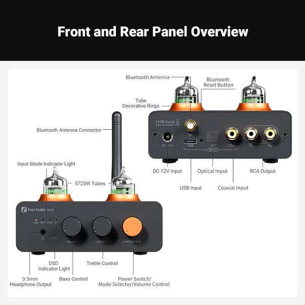 FOSI AUDIO GR40 Pre-Amplificador e Amplificador de Fone Valvulado, DAC, Bluetooth - Imagem 4
